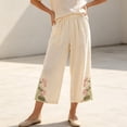thumbnail image 4 of Utoimkio Women's Cropped Pants Linen Elastic Waist Floral Embroidery Capri Trousers with Side Pockets for Summer Beach Daily Walk, 4 of 9