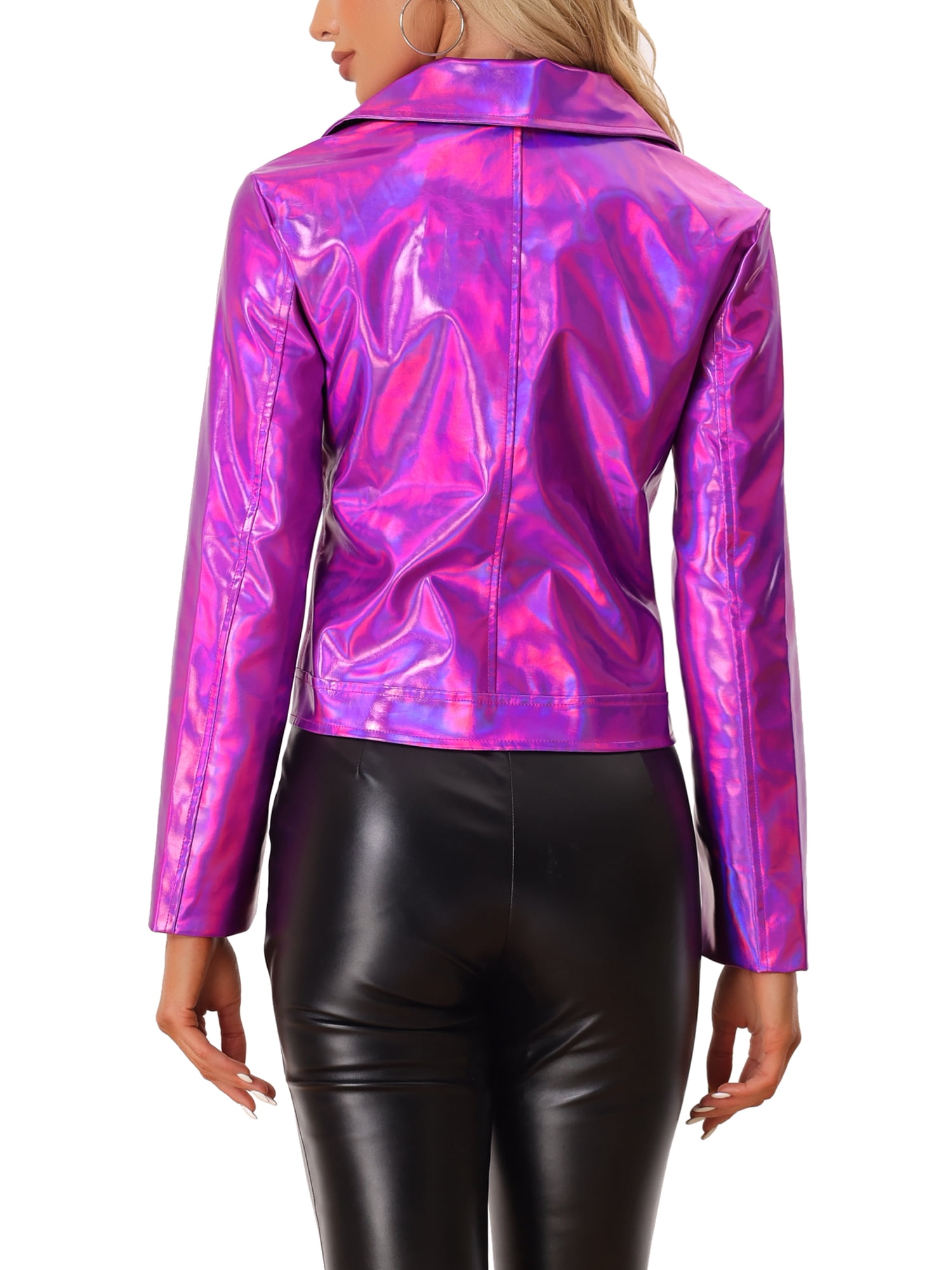 INSPIRE CHIC Women's Holographic Shiny Zipper Biker Metallic Jackets M Hot Pink