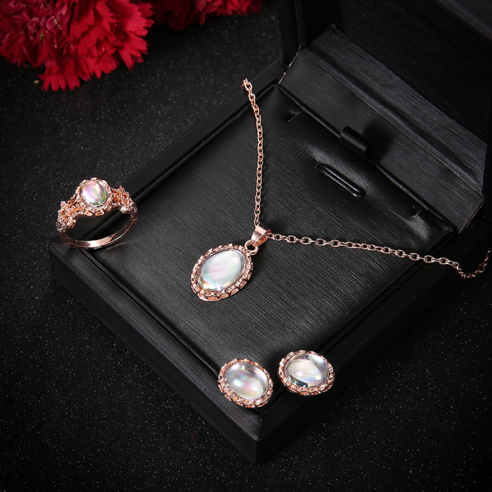 Rose Gold Cubic Zirconia Jewelry Set For Women - Ring, Earrings & Pendant Necklace