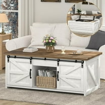 DreamCurship 48" Lift-Top Coffee Table with Storage, Farmhouse Coffee Table with Sliding Barn Door, Center Table with Large Hidden Compartment for Living Room, White