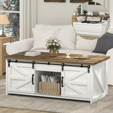 DreamCurship 48" Lift-Top Coffee Table with Storage, Farmhouse Coffee Table with Sliding Barn Door, Center Table with Large Hidden Compartment for Living Room, White