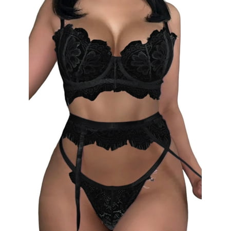 DYMADE Womens Valentine s Day Lingerie Sets with Garter Belts 3Pcs Sets Sexy Sheer Mesh Unlined Bra with G-Strings Underwear Babydoll Teddy Bodysuit