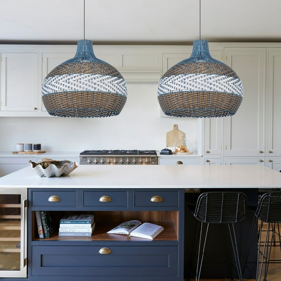 Arturesthome Classic Series Courtland Blue Rattan Pendant Light For Kitchen Island