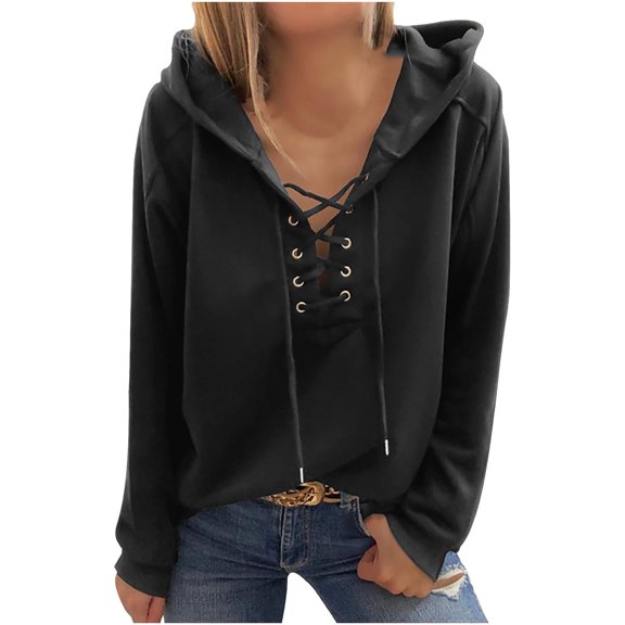Fesfesfes Women Hooded Casual Hoodies Jumper Tops Solid Sweatshirt Bandage Long Sleeve Blouse Tee Clothes Sale