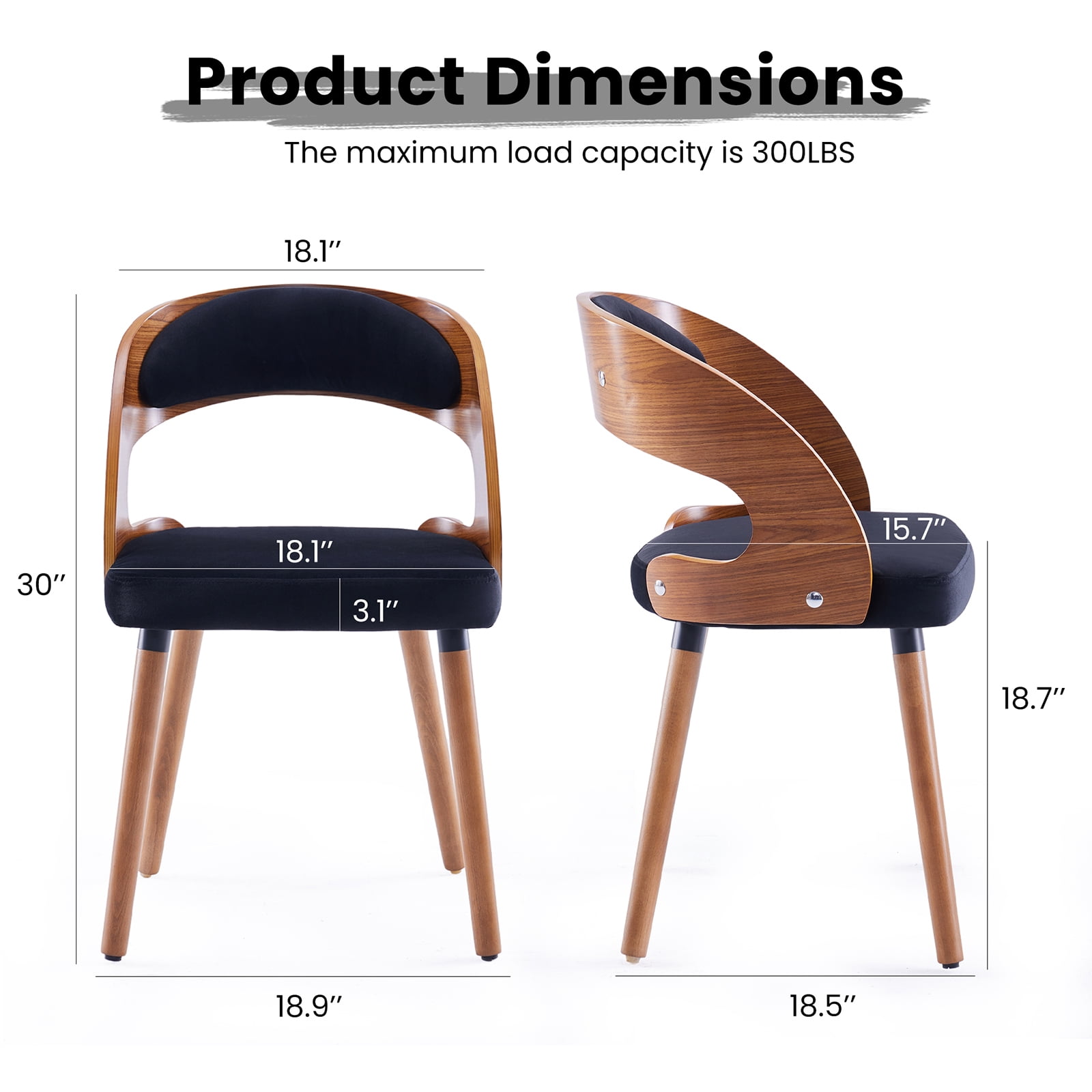Farini Set of 2 Wood Dining Chairs with Curved Backrest for Kitchen Dining Room, Black