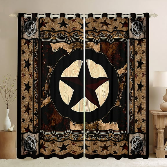 Manfei Brown Cow Print Black Out Curtains, Vintage Star Curtains Pack of 2 (42x63 Each), Rustic Farmhouse Bedroom Curtains, Luxury Bedroom Decor
