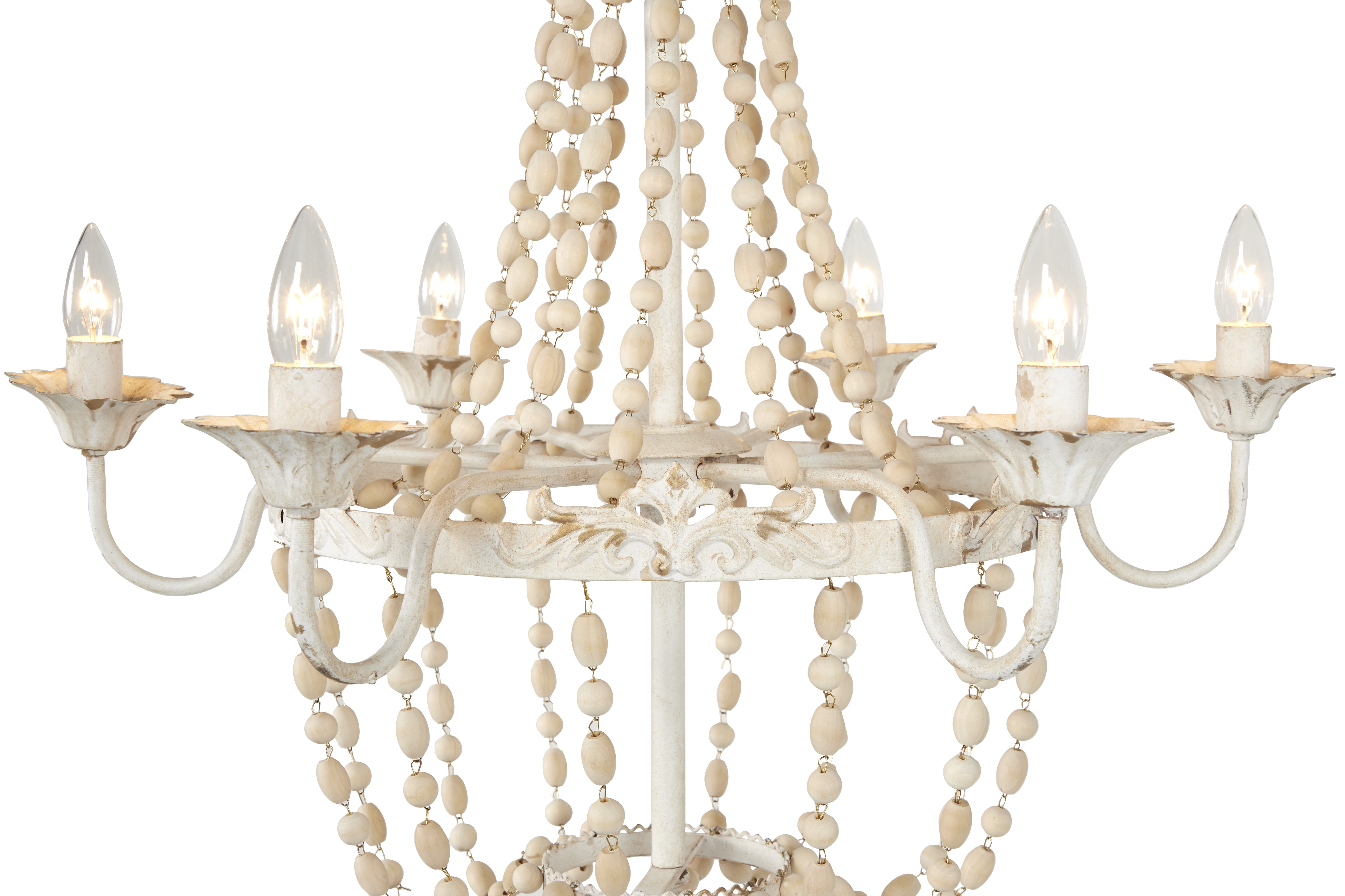 Decmode - Large White Metal and Wood Bead Chandelier, 30” x 34”