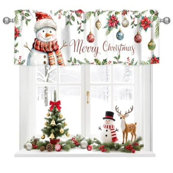 Christmas Snowman Curtain Valance for Windows Pine Tree Ball Xmas Winter Holiday Rod Pocket Window Treatments 1 Panel Short Curtains for Kitchen Windows Bathroom Bedroom,54 x 18 inch