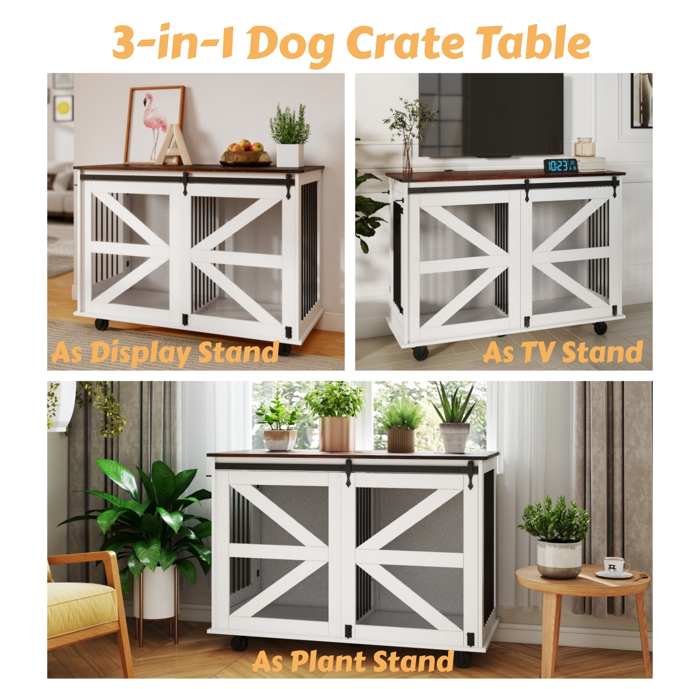 Noble House 47.2" Dog Crate with Flip-Top Feeding Door, Furniture Kennel with Barn Door & Wheels, Brown and White