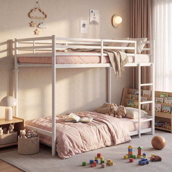 Alvantor Twin over Twin Metal Bunk Bed with Ladder, Guardrails, Under-Bed Storage, White