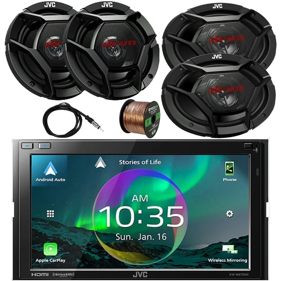 JVC Double DIN 6.8" Touchscreen HDMI/WiFi Bluetooth USB Digital Multimedia Stereo Car Receiver, 2x 6.5" 300 Watt 2-Way Vehicle Speakers, 2x 6x9" 500 Watt 3-Way Auto Audio Speakers, 22" Antenna, Wire