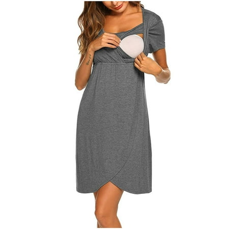 

Awdenio Maternity Dress Clearance Woman Solid Short Sleeve Breast-Feeding Pregnant Maternity Nursing Dress