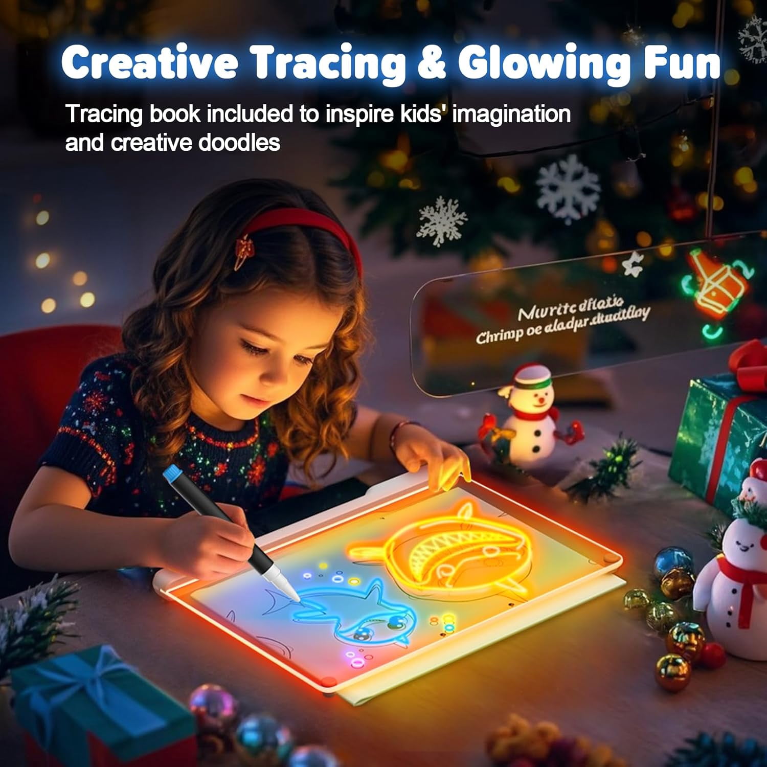 Rechargable "13.7"X10" LED Light-Up Dry Erase Board with 9-Color Neon Doodle Glow, Adjustable Lights Button & Stand - Night Light for Kids Room/Office/Gift, Includes 5 Markers (white)