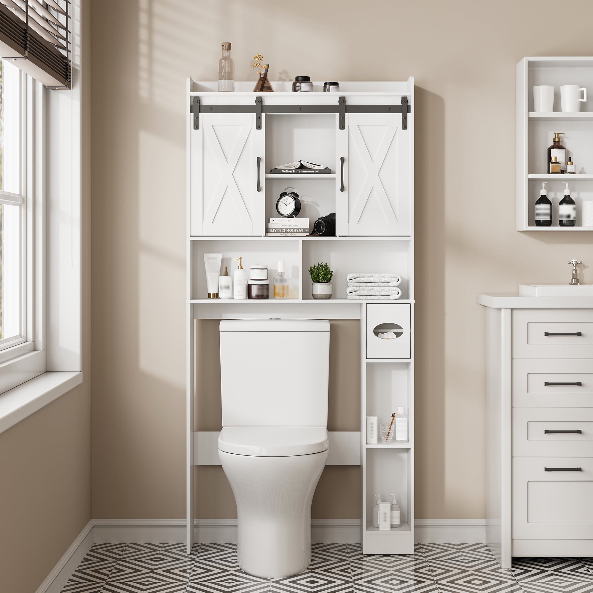 Vabches Over The Toilet Storage Cabinet with Sliding Doors & Toilet Paper Holder, Bathroom Organizer Space Saver, White