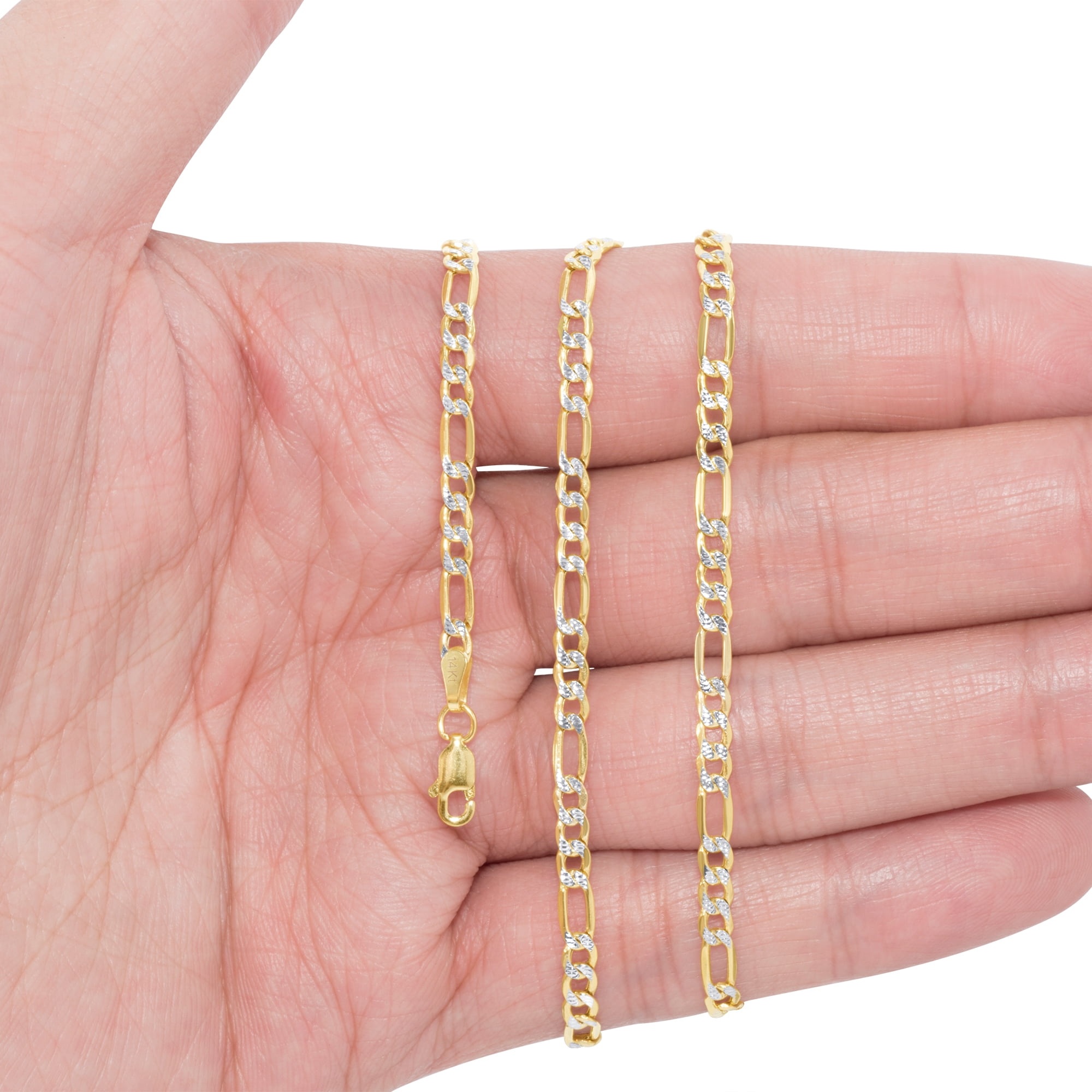 Nuragold 14k Real Yellow Gold Solid Figaro Link 4mm Diamond Cut Pave Chain Necklace (16"-30") Two Tone Italian Jewelry for Men & Women