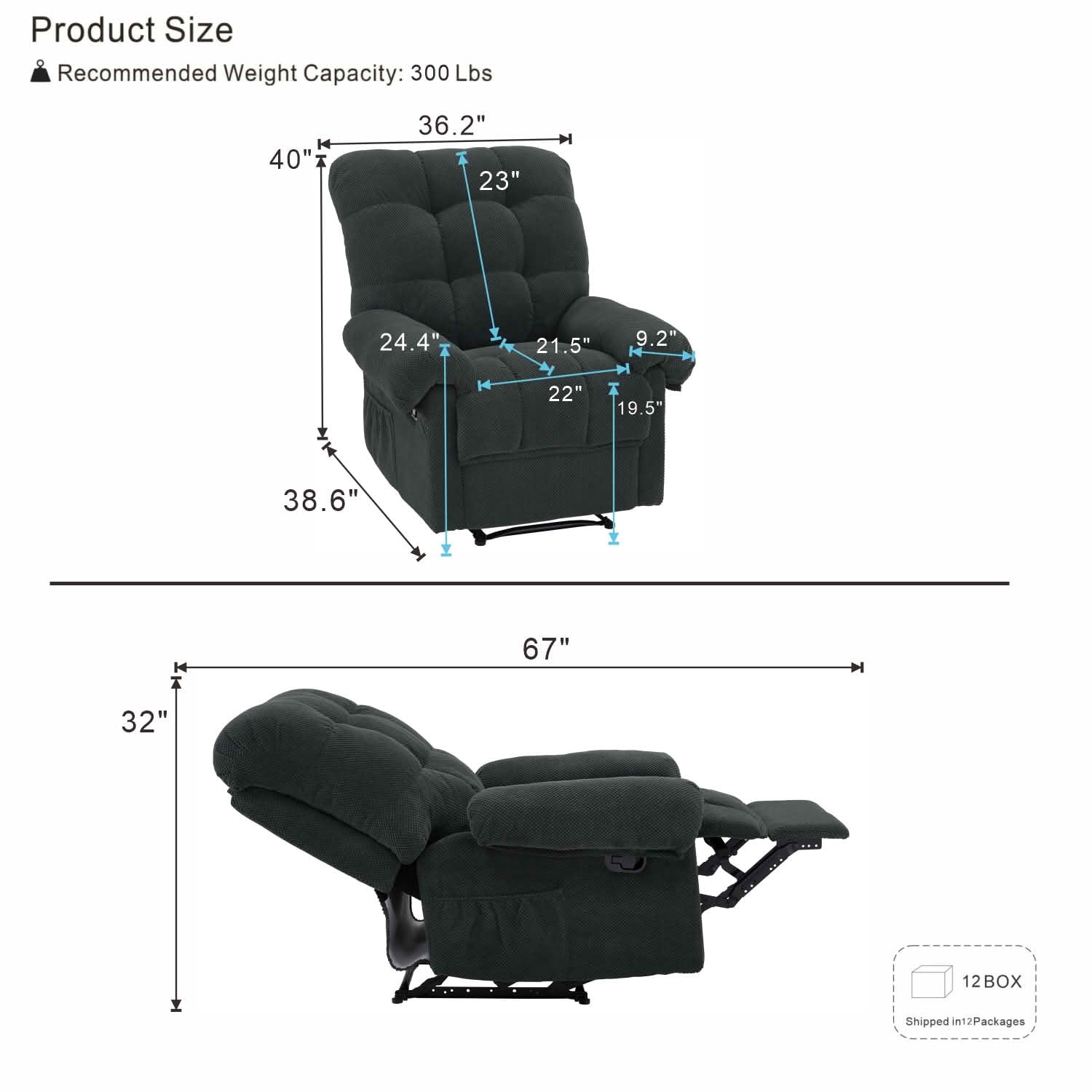 MAYEERTY 39 In Manual Recliner, Overstuffed Fabric Armchair, 160 Degree Recline, Dark Gray, 300 lb