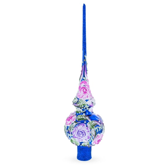 Raised Pink Roses on Cobalt Blue Glass Christmas Tree Topper 11 Inches