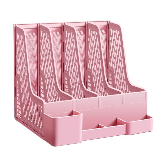 Yhmxh Magazine File Holder with Pen Holder and Storage Case, Plastic Desk Organizer File Folder Holder with 4 Vertical Compartments, Sturdy Desktop Binder Organizer for Office, Work, Home
