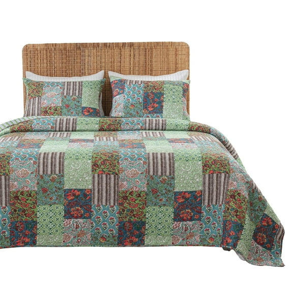 Benjara Aby 3pc King Quilt Set, Reversible Patchwork, Jade Green Cotton Microfiber