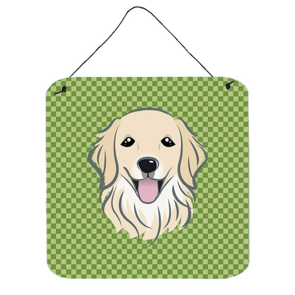 Green Checkered Golden Retriever Wall or Door Hanging Prints