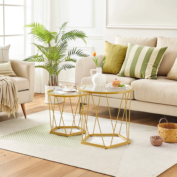 2pcs Modern Round Coffee Table Set - Glass Top with Golden Metal Frame, All-Metal Space-Saving End Tables for Living Room Bedroom Balcony