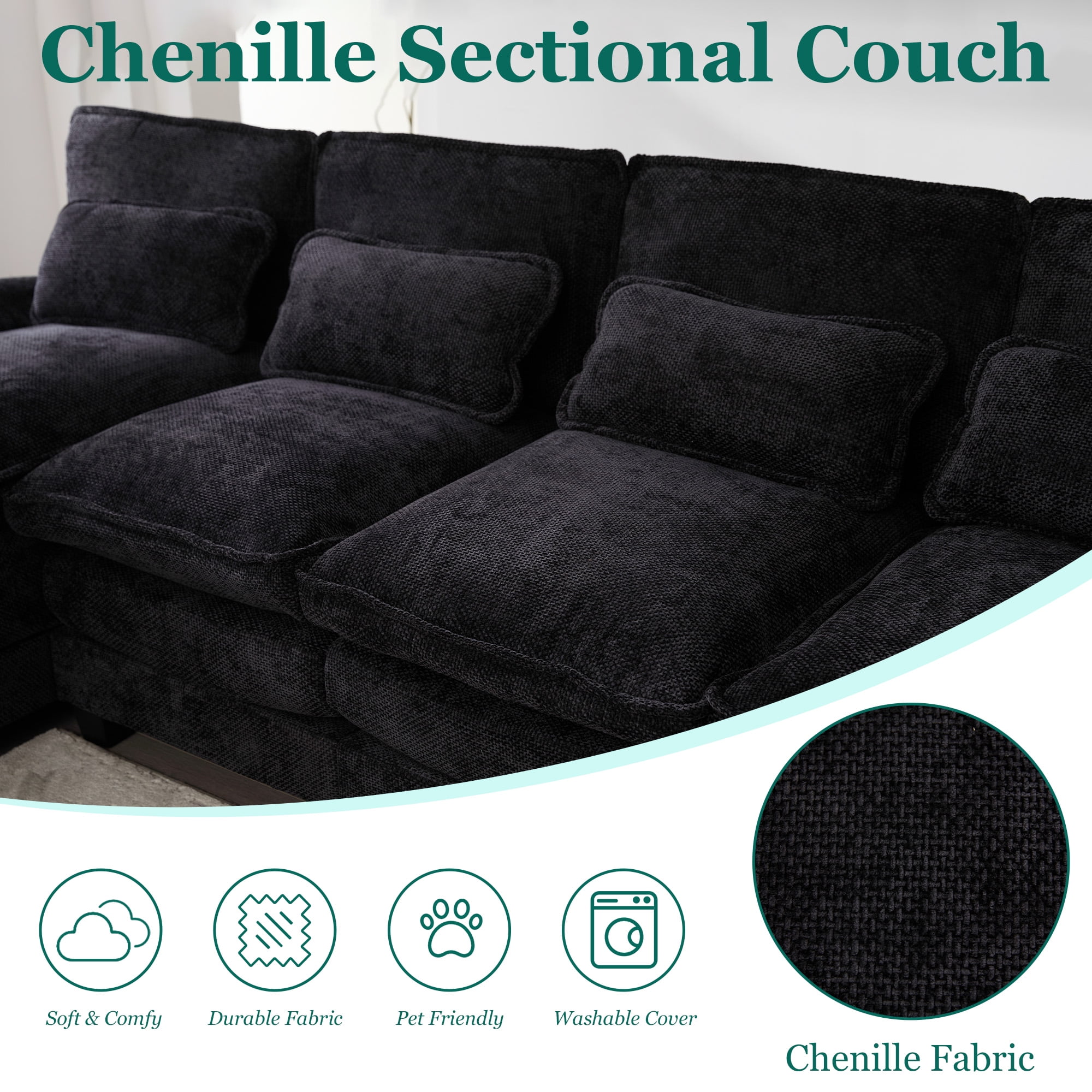 MOONMIS 106" U Shape Sectional Sofa Cloud Couch for Living Room, Upholstery Comfy Modular Sofas, 4 Seat Chenille U-Shaped Sleeper Sofa with Chaise Lounge, Ottoman & Pillows