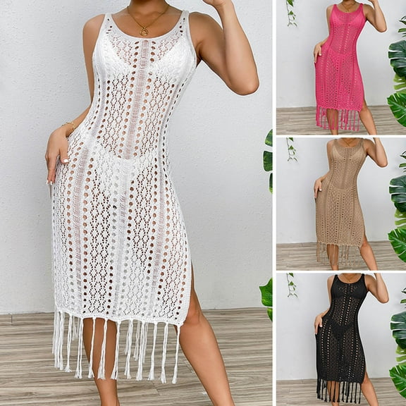 Jacenvly 2024 Swimdress for Women Plus Cover Up Comfortable Womens Bathing Suit Crochet Hollow Out Cover Ups Bikini Swimsuit Beach Loose Tassels Coverup Dress Solid Fashion Black