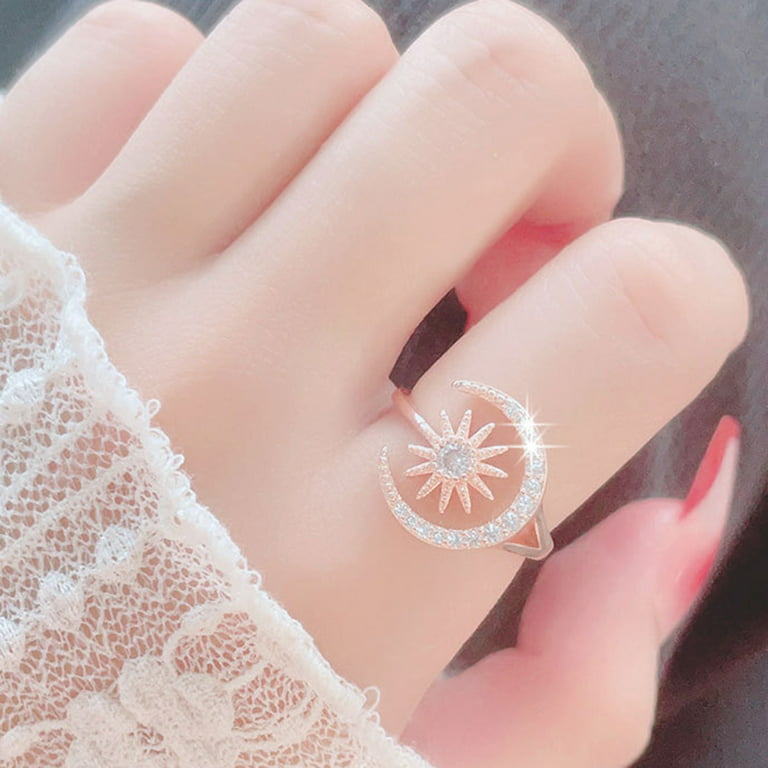 Hesroicy Women Ring Opening Geometric Dainty Elegant Temperament Gift  Rhinestone Embedded Star Moon Finger Ring Jewelry Accessories