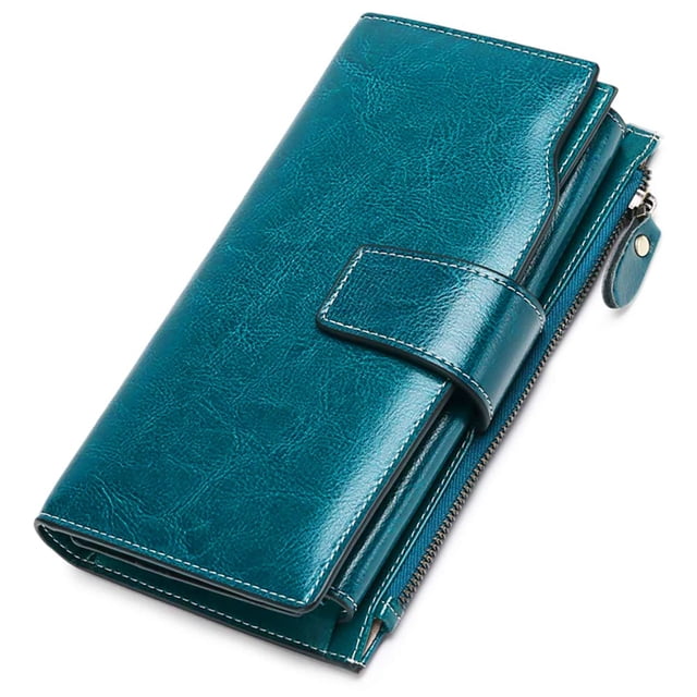 Women Leather Wallets RFID Blocking Clutch Card Holder Ladies Purse with Zipper Pocket Blue