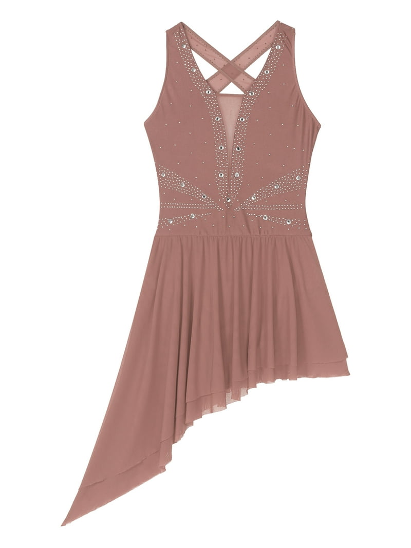 YEAHDOR Womens Mesh Lyrical Dance Dress Backless Rhinestone Asymmetrical  Contemporary Dance Skating Dress Dusty Pink L - Walmart.com