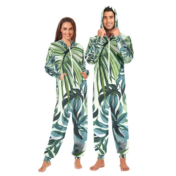 Elephant Palm Leaves Adult Onesie Pajamas Slim Fit Christmas One Piece Suit Pjs for Women and Men Hooded Zipper