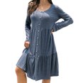 thumbnail image 1 of Vestido de manga larga Cuello redondo Dobladillo suelto Vestido de fibra de poliéster de un solo pecho Vestido de color puro Vestido casual de mujer para la vida diaria Gris Azul S, 1 of 5