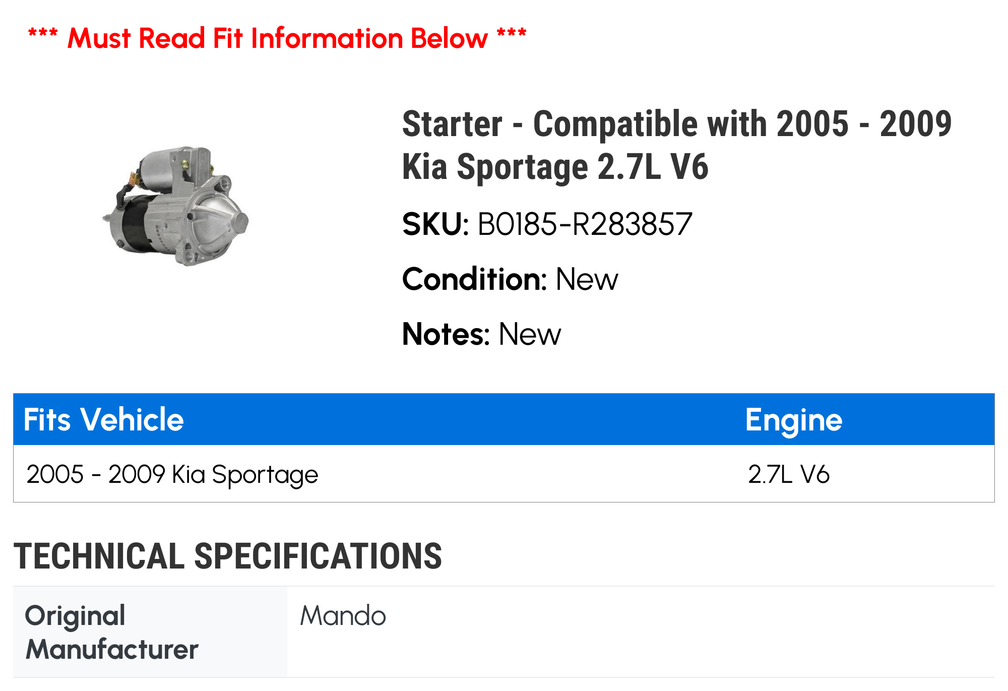 KAC New Starter 17987N For Hyundai Elantra, Kia Soul, Spectra, Sportage 2005-2009
