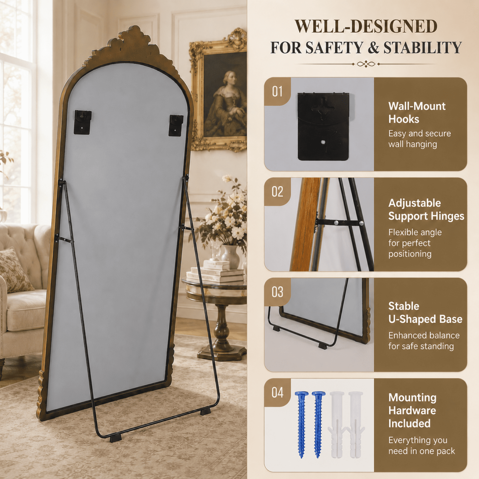 EVARNIO 69"x28" Vintage Full Length Mirror Arched Floor Mirror Baroque Style Wall Mounted Mirror Ornate Decor Mirror with Stand, Antique Bronze