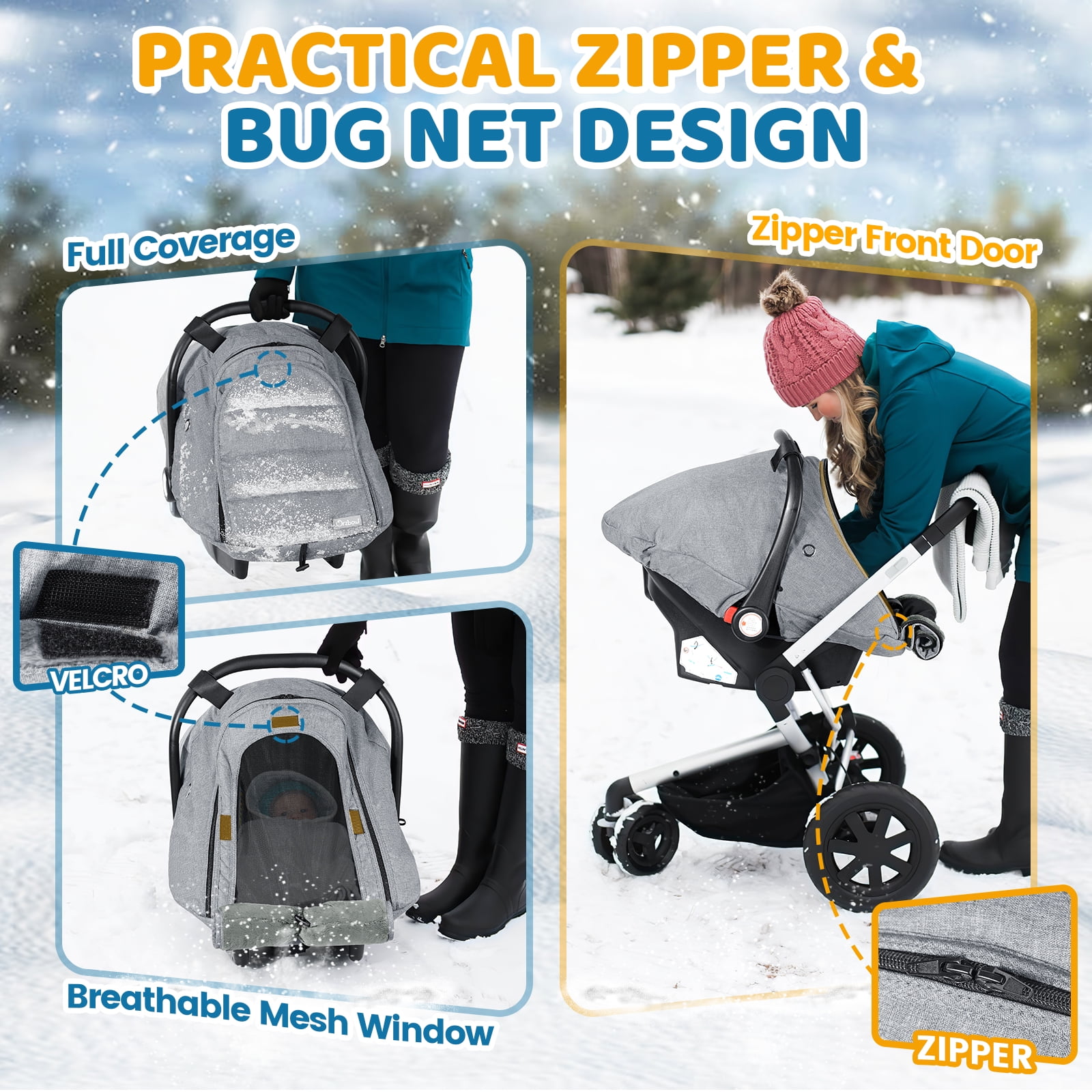 Orzbow Winter Car Seat Cover for Babies, Waterproof Carseat Canopy Cover with Peep Window, Machine Washable, Light Grey