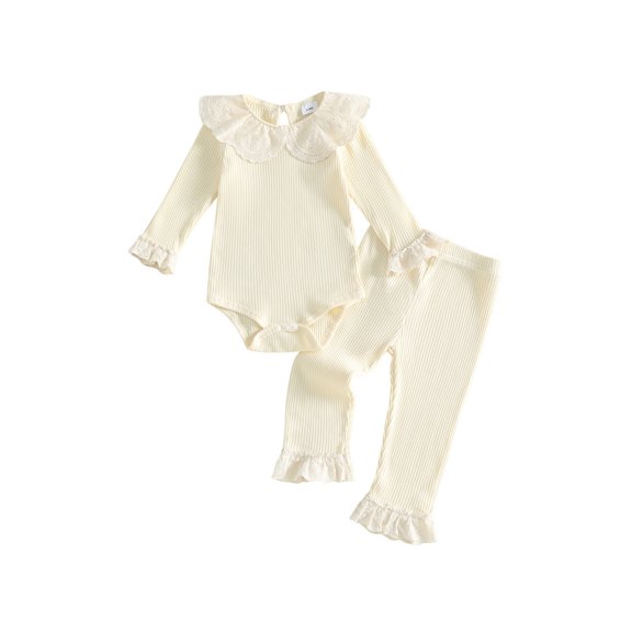 Cjfdfy Newborn Baby Girls Fall Outfit Lace Patchwork Ribbed Doll Collar Long Sleeve Romper And Elastic Lace Trim Pants Set Cute Solid Color Coming Home Fall Winter Outfit 0-12 Monthes