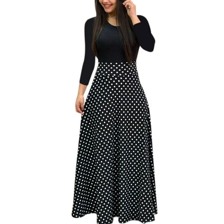 Autumn Women Long Sleeve Print Gored Skirt Boho Ladies Party Evening Holiday Maxi (Best Clothes For Petite Ladies)