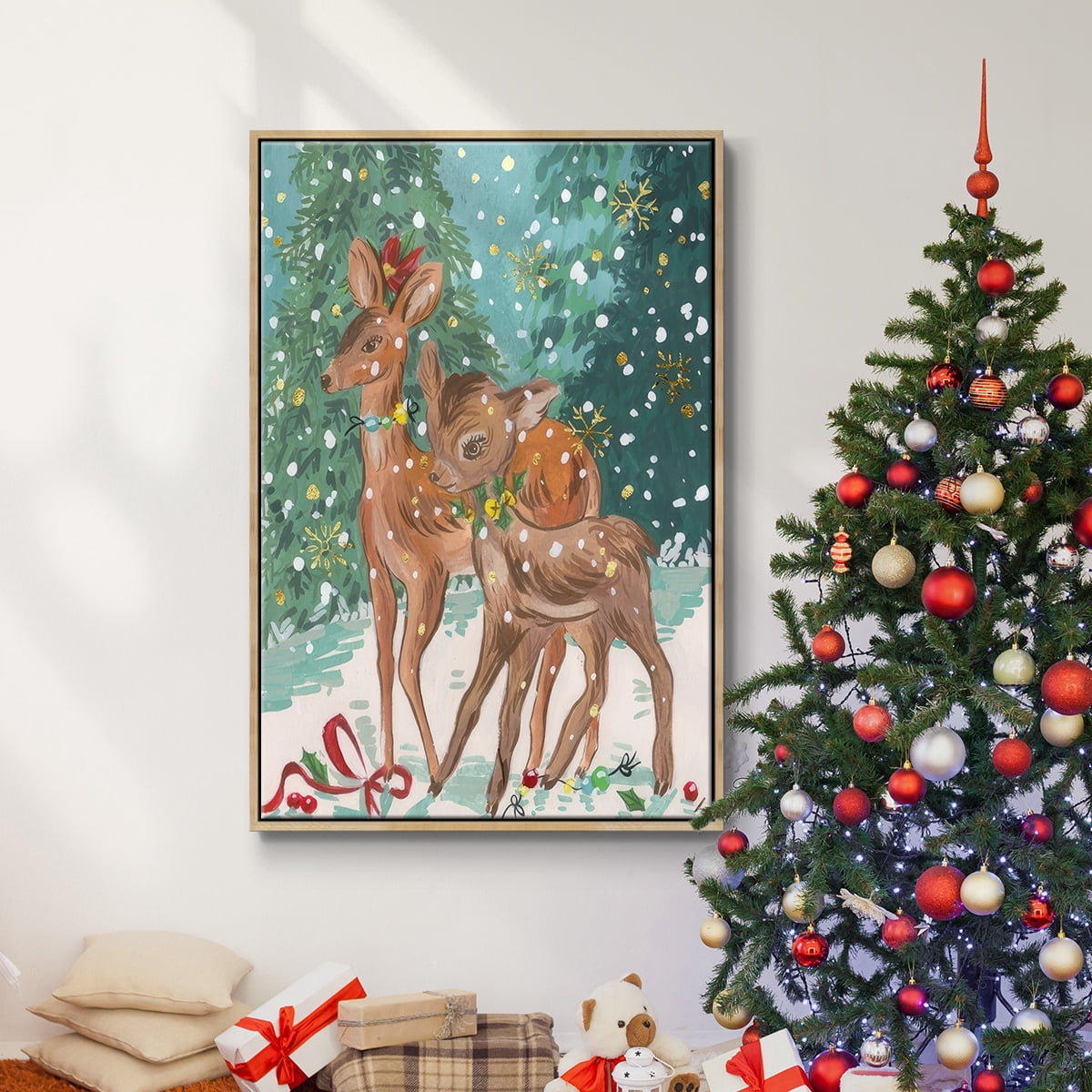 Doe and Fawn I - Framed Gallery Wrapped Holiday Canvas - 25 x 37 - Natural Wood Frame