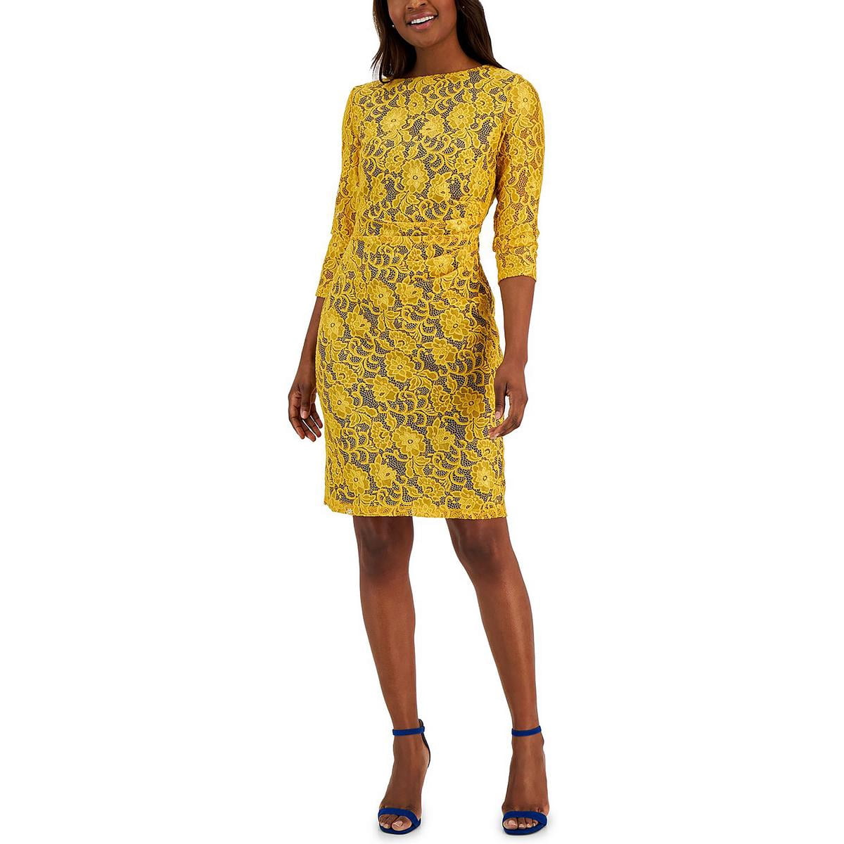 Kasper Womens Laurissa Lace Knee-Length Sheath Dress Yellow XS