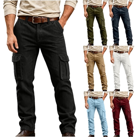 Mens Corduroy Pants Straight Wide Leg Button Work Pants Vintage Cargo Pants with Multi Pockets for Streetwear