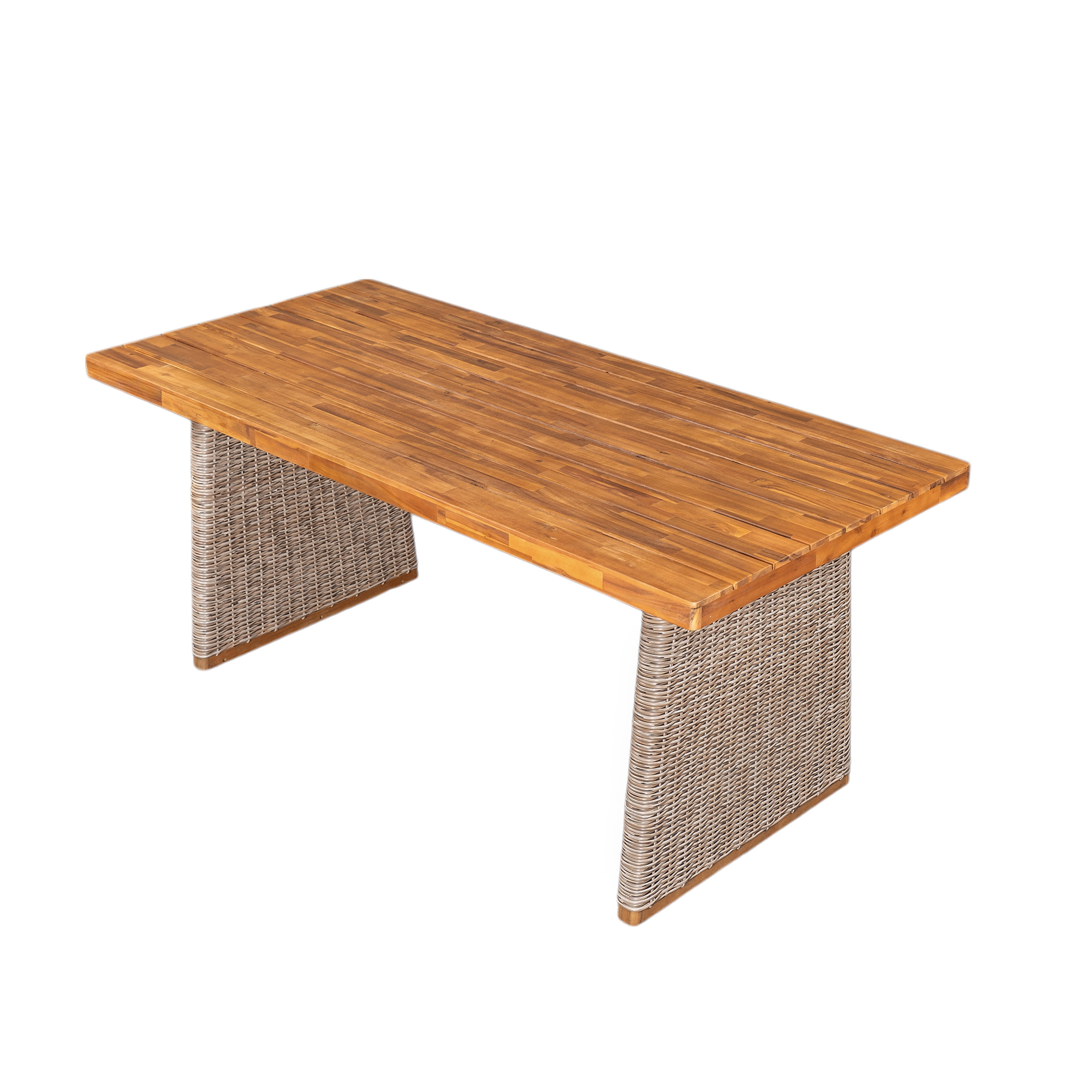 Dining Table, Outdoor Acacia Wood Table with Brown Wicker for Patio Garden, Teak
