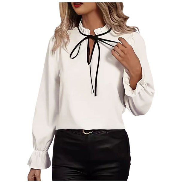 Camisa de manga larga con volantes para mujer: color liso, poliéster/spandex, estilo informal y elegante.