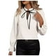 thumbnail image 1 of Camisa de manga larga con volantes para mujer: color liso, poliéster/spandex, estilo informal y elegante., 1 of 8