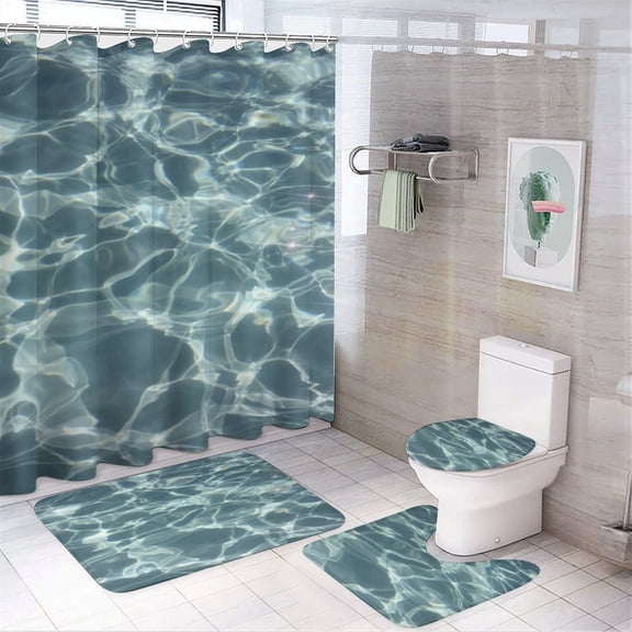 Bright Sunshine Through Deep Blue Sea 4PCS Shower Curtain Sets with Rugs with Non-Slip Bath Mat Toilet Rug，72" X 72"