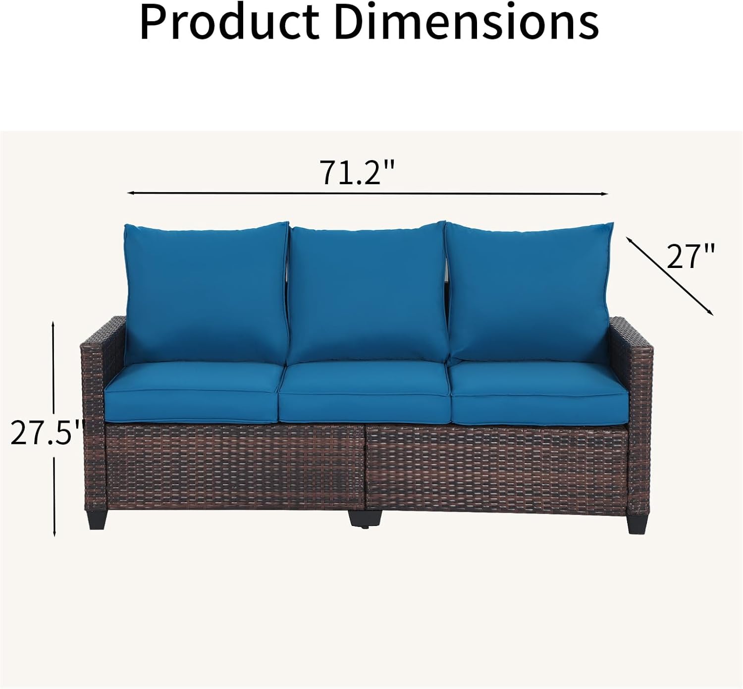 EortheX Outdoor Patio Sofa, 3-Seat Rattan Wicker Couch for Garden Deck or Porch, Comfortable All-Weather Patio Furniture with Anti-Slip Cushions (Beige)
