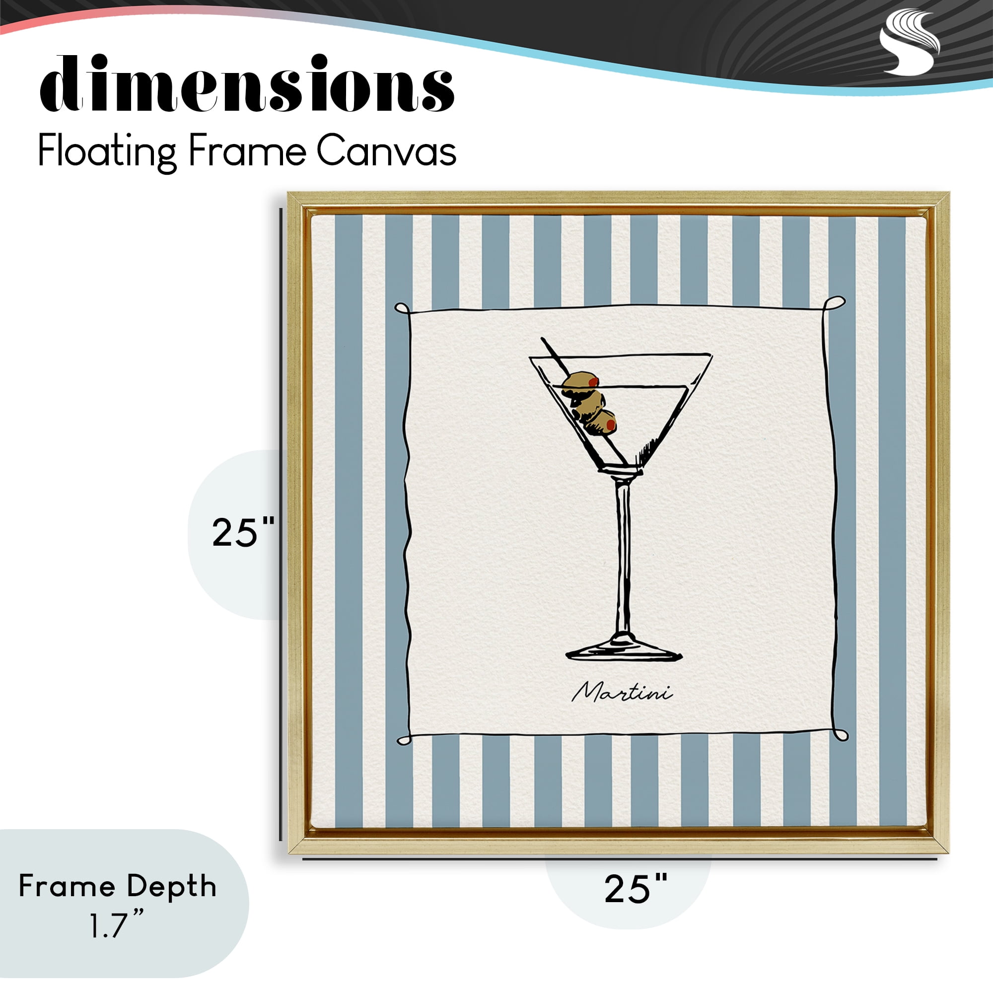 Stupell Industries Martini Summer Stripes Gold Framed Floater Canvas Wall Art, design by Susan Jill