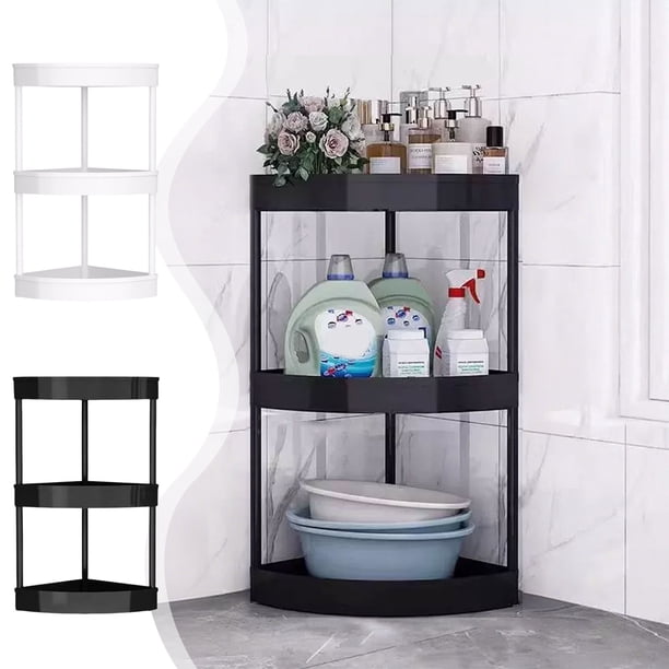 Lekihaqq Household Toilet Corner Storage Shelf, Bathroom Floor Stand Organizer With Removable Rollers & Guardrail, Plastic And Stainless Steel, Black White For Kitchen Crevice Use