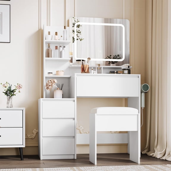 Huisuilinss Vanity Desk With Mirror And Lights,Makeup Vanity,Modern Vanity Table,Dressing Table With 4 Large Drawers,3 Lighting Modes,Stool & Charging Station For Bedroom Women