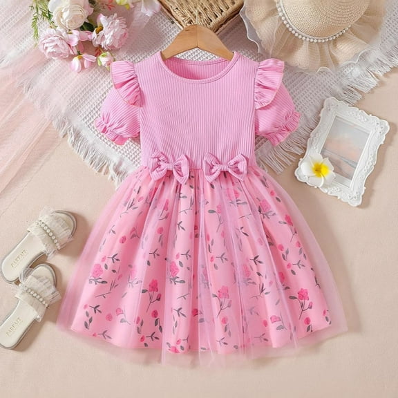 Little Girl Dresses Summer Toddler Baby Girls Short Sleeve Floral Mesh Dres Casual Party Princess Dresses Girls' Dresses Red 12 Months-24 Months