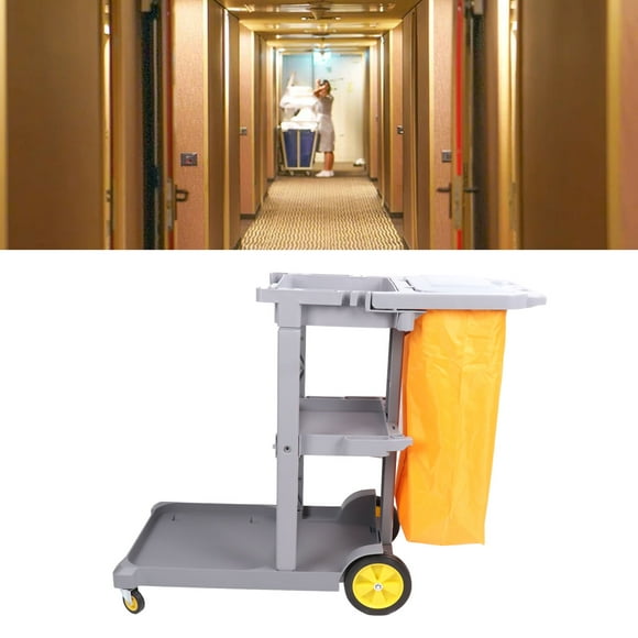 Janitorial Cart, Multifunctional Large Capacity Plastic Janitorial Cleaning Cart Grey Flexible Wheel with Cover for Supermarkets